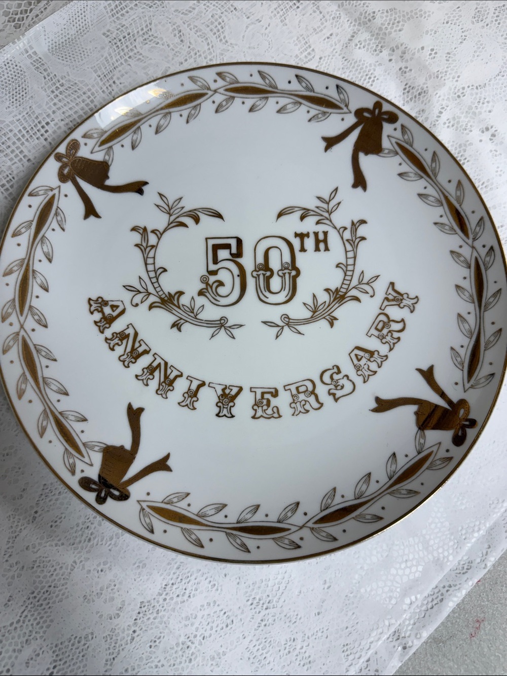 Vintage Lefton China 50th Anniversary Decorative Gold & White Celebration Plate